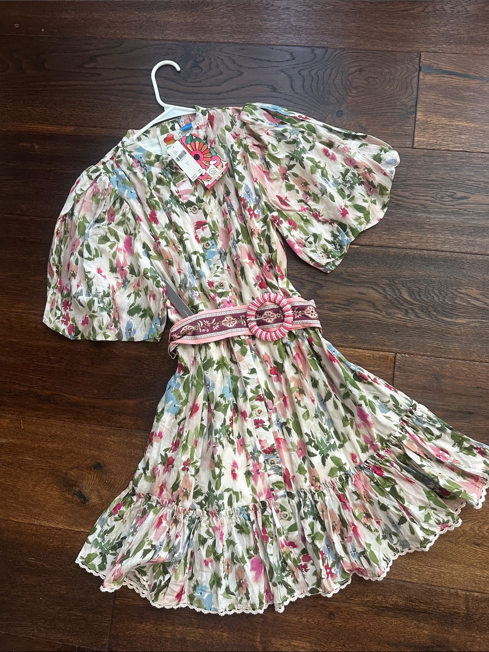 🌺🌺NEW FARM Rio for Anthropologie Beaded-Belt Mini Shirtdress Pink & Green Small